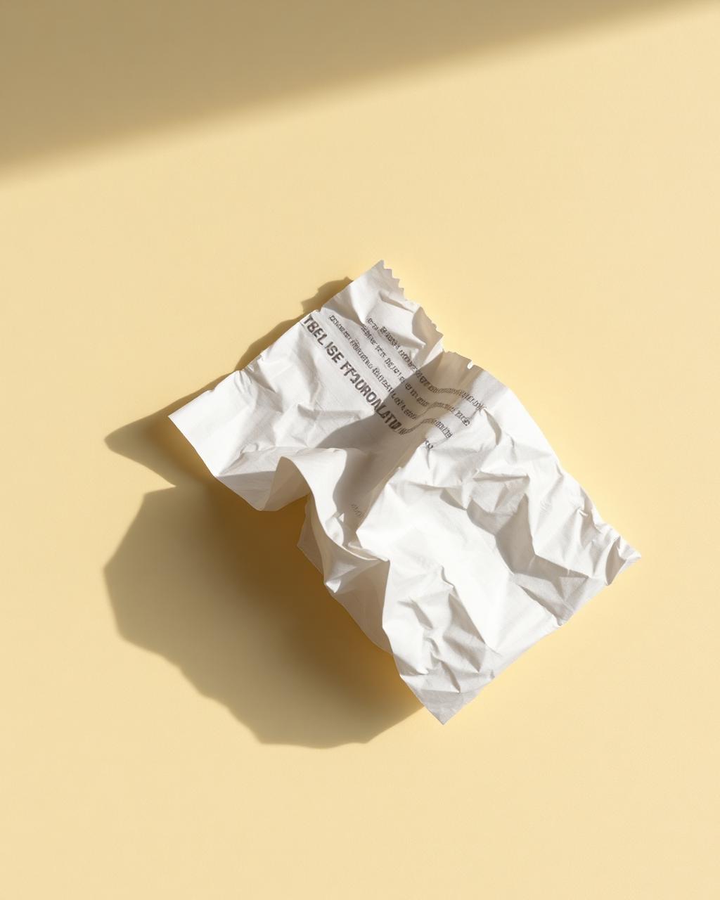 A crumpled paper receipt on cream paper.
